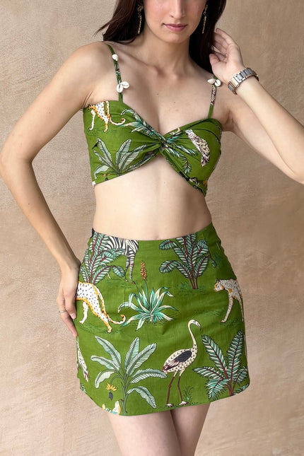 Green printed skirt + bandeau top