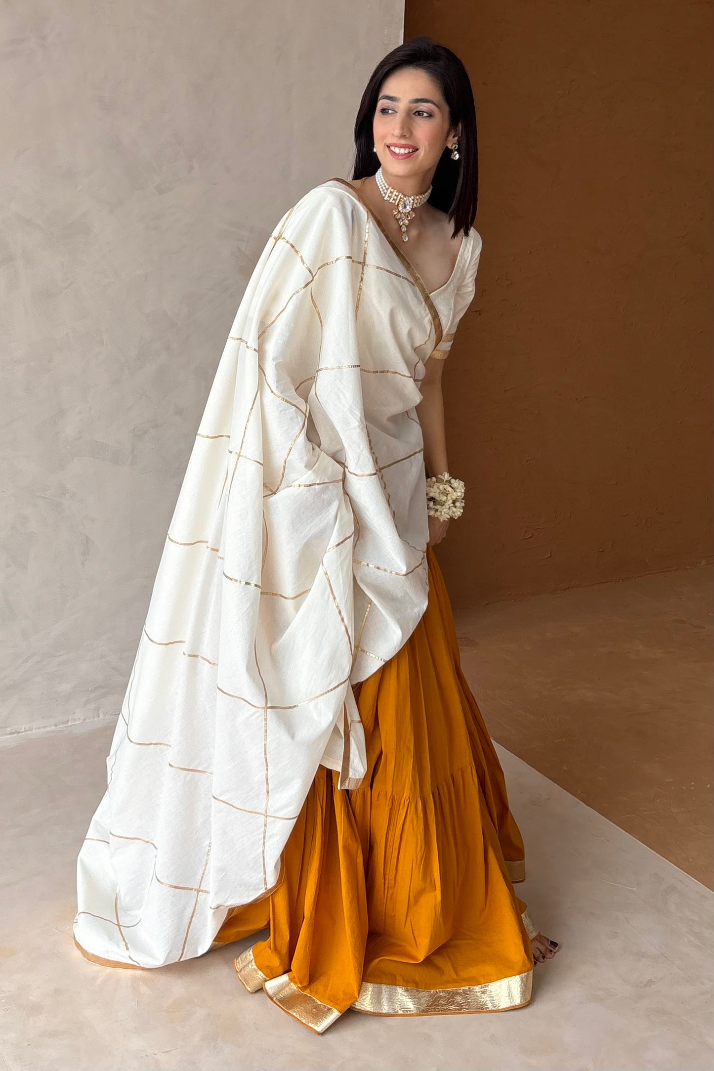 Mustard & off white lehenga set