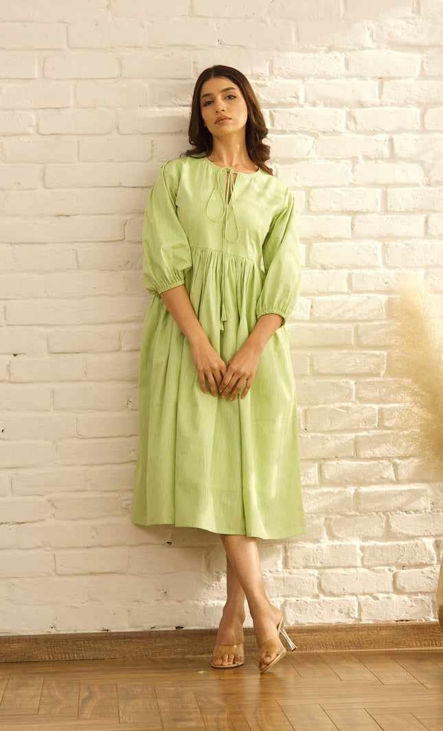 Green gathered midi dress