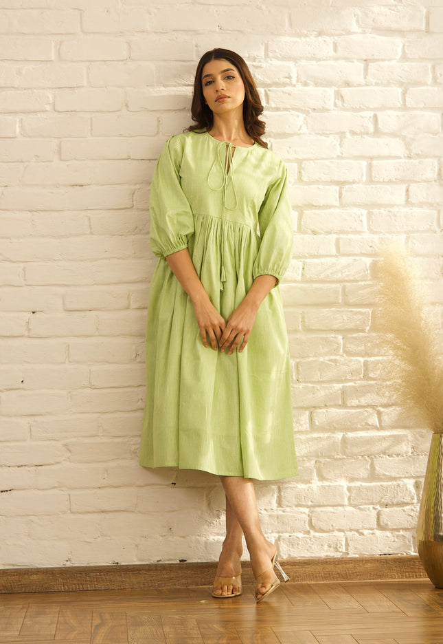 Green gathered midi dress
