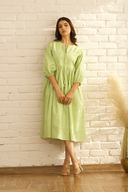 Green gathered midi dress