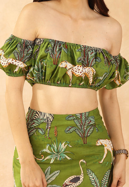 Green printed ballon top + mini skirt