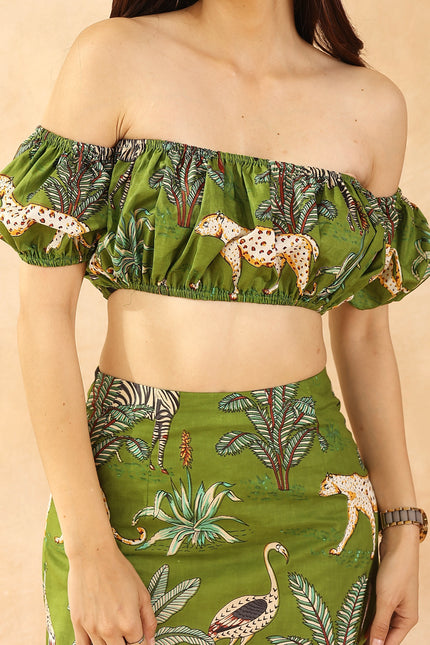 Green printed ballon top + mini skirt