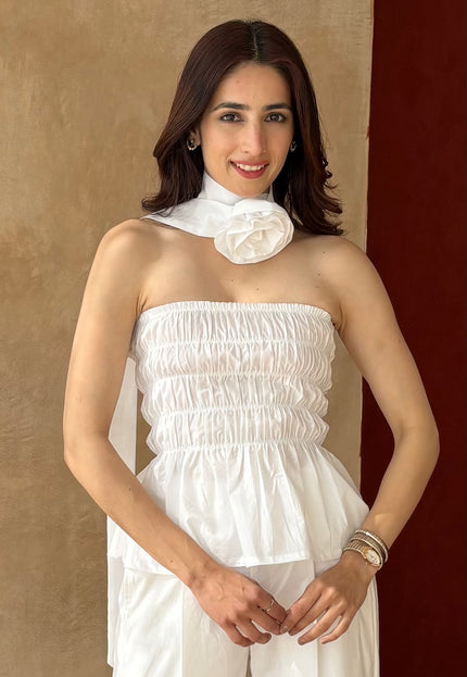 White cotton smocked top