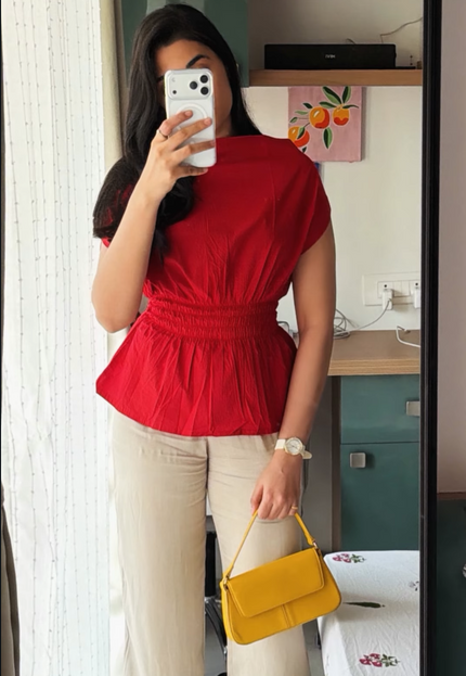 Red drop shoulder top