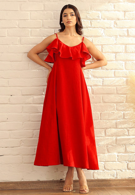 Red cotton ruffle midi dress