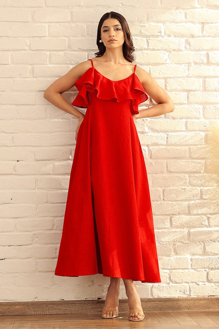 Red cotton ruffle midi dress