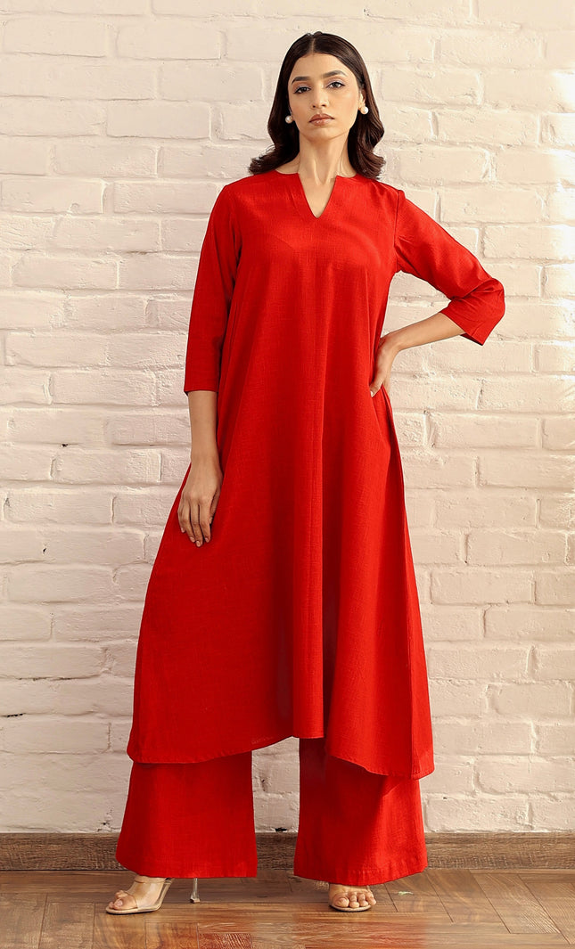 Cotton red kurta and palazzo