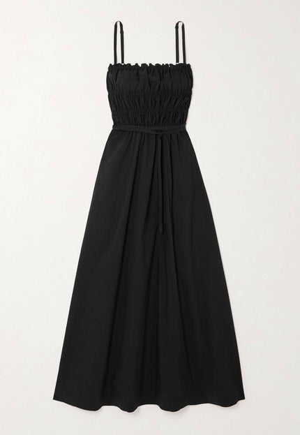 Black smocked midi dress