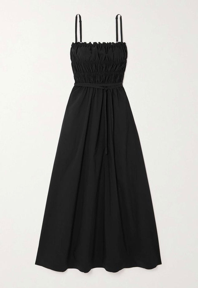 Black smocked midi dress