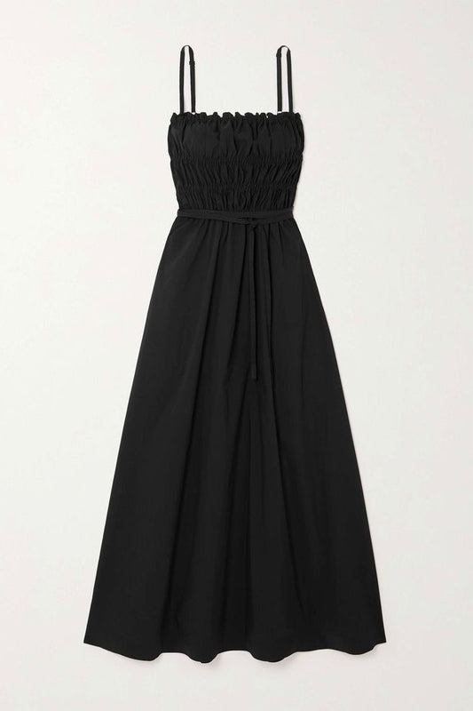 Black smocked midi dress